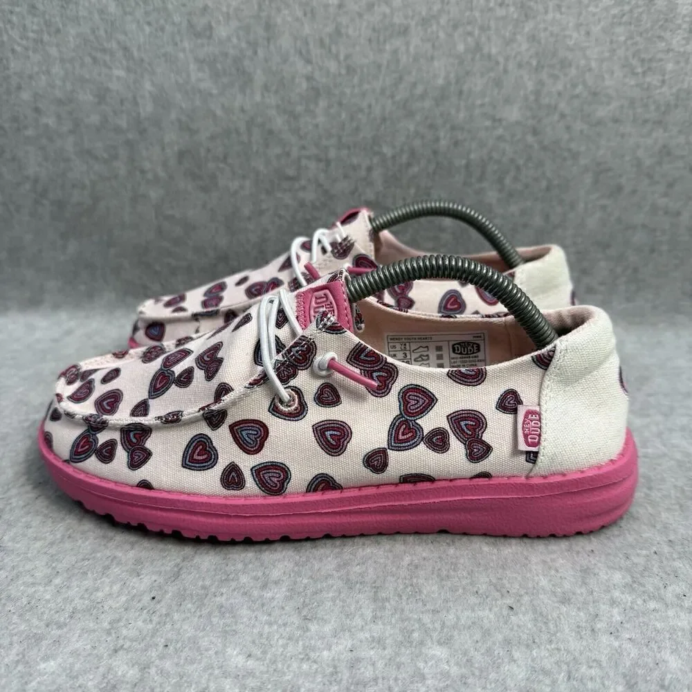 Hey Dude Shoes Youth 4 Wendy White Pink Slip On Heart Print Comfort Shoes New